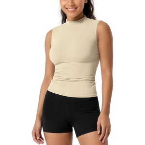 image:imageODODOS Womens Double Layer Mock Neck Sleeveless Tee UltraSoft Lightweight Basic TShirts Slim Fit Tank TopWheatmock Neck