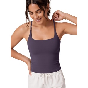 image:imageODODOS Womens Strappy Back Tank with Built in Bra Buttery Soft Yoga Crop  Light Support Square Neck Sports Bra with Removable Pads Adjustable Back Strap 4Way Stretch BreathableDark Purple