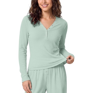 image:imageODODOS Womens Bamboo Viscose Long Sleeve Henley Shirts Ultra Soft Ribbed  Tagless Comfort Deep VNeck  Button Placket Sleep Lounge Casual Everyday Top Curved HemGreen Lily