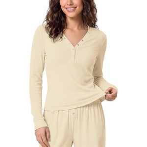 image:imageODODOS Womens Bamboo Viscose Long Sleeve Henley Shirts Ultra Soft Ribbed  Tagless Comfort Deep VNeck  Button Placket Sleep Lounge Casual Everyday Top Curved HemVanilla Cream
