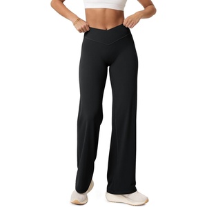 image:imageODODOS Womens Crossover Straight Leg Pants  Buttery Soft No Front Seam High Rise Hidden Scrunch Butt Lifting Yoga PantsBlack