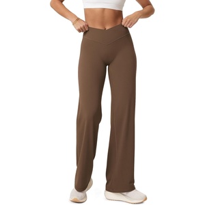 image:imageODODOS Womens Crossover Straight Leg Pants  Buttery Soft No Front Seam High Rise Hidden Scrunch Butt Lifting Yoga PantsBrunette