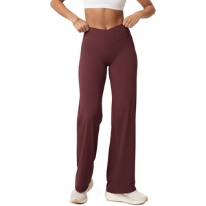 image:imageODODOS Womens Crossover Straight Leg Pants  Buttery Soft No Front Seam High Rise Hidden Scrunch Butt Lifting Yoga PantsBurgundy