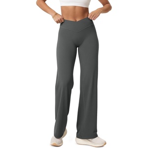 image:imageODODOS Womens Crossover Straight Leg Pants  Buttery Soft No Front Seam High Rise Hidden Scrunch Butt Lifting Yoga PantsCharcoal