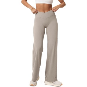 image:imageODODOS Womens Crossover Straight Leg Pants  Buttery Soft No Front Seam High Rise Hidden Scrunch Butt Lifting Yoga PantsDark Beige