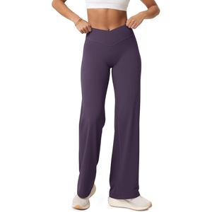 image:imageODODOS Womens Crossover Straight Leg Pants  Buttery Soft No Front Seam High Rise Hidden Scrunch Butt Lifting Yoga PantsDark Purple