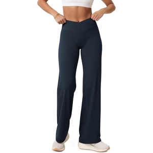 image:imageODODOS Womens Crossover Straight Leg Pants  Buttery Soft No Front Seam High Rise Hidden Scrunch Butt Lifting Yoga PantsDeep Navy