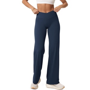image:imageODODOS Womens Crossover Straight Leg Pants  Buttery Soft No Front Seam High Rise Hidden Scrunch Butt Lifting Yoga PantsNavy