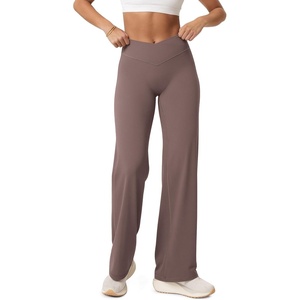 image:imageODODOS Womens Crossover Straight Leg Pants  Buttery Soft No Front Seam High Rise Hidden Scrunch Butt Lifting Yoga PantsPurple Taupe