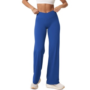image:imageODODOS Womens Crossover Straight Leg Pants  Buttery Soft No Front Seam High Rise Hidden Scrunch Butt Lifting Yoga PantsRoyal Blue