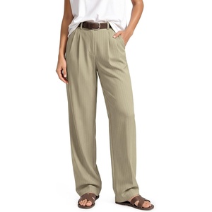 image:imageODODOS Womens HighRise Wide Leg Trousers Adjustable Tailored Stretch Work Pants with Pockets 29 31 33 InseamTaupe Stripe