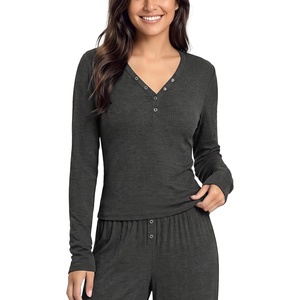 image:imageODODOS Womens Bamboo Viscose Long Sleeve Henley Shirts Ultra Soft RibbedCharcoal Heather