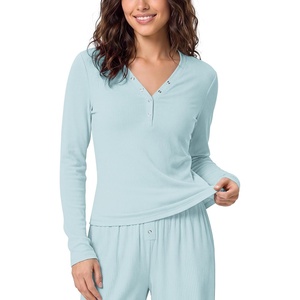 image:imageODODOS Womens Bamboo Viscose Long Sleeve Henley Shirts Ultra Soft RibbedCloud Blue
