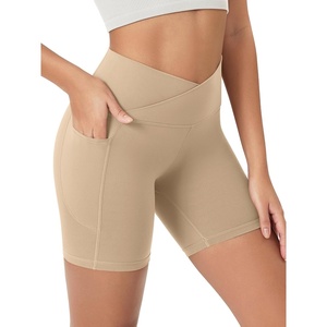 image:imageODODOS Womens Crosover Yoga Shorts with Pockets 6 Buttery Soft V High Waist Lounge Biker ShortsBeige