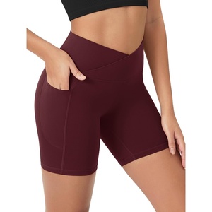 image:imageODODOS Womens Crosover Yoga Shorts with Pockets 6 Buttery Soft V High Waist Lounge Biker ShortsBurgundy