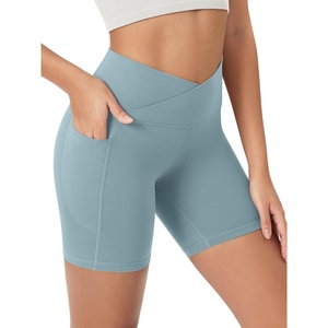 image:imageODODOS Womens Crosover Yoga Shorts with Pockets 6 Buttery Soft V High Waist Lounge Biker ShortsChambray