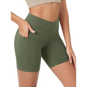 image:imageODODOS Womens Crosover Yoga Shorts with Pockets 6 Buttery Soft V High Waist Lounge Biker ShortsDark Olive