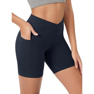 image:imageODODOS Womens Crosover Yoga Shorts with Pockets 6 Buttery Soft V High Waist Lounge Biker ShortsDeep Navy