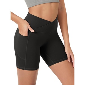 image:imageODODOS Womens Crosover Yoga Shorts with Pockets 6 Buttery Soft V High Waist Lounge Biker ShortsOnyx Black Grey