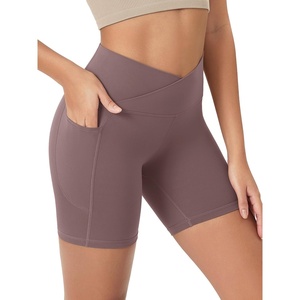 image:imageODODOS Womens Crosover Yoga Shorts with Pockets 6 Buttery Soft V High Waist Lounge Biker ShortsPurple Taupe