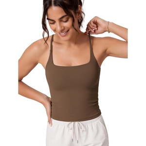 image:imageODODOS Womens Strappy Back Tank with Built in Bra Buttery Soft Yoga CropBrunette