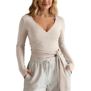 image:imageODODOS Womens Waist Tie Wrap Top  Ultra Soft odSTRATUM Tech UPF 50 Long Sleeve Cropped Ballet Yoga Shirt with ThumbholesEcru Heather