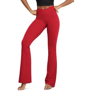 image:imageODODOS Womens Crossover Flare Leggings with Back Pocket Buttery Soft V High Waist Lounge Casual Bootcut Yoga PantsRed