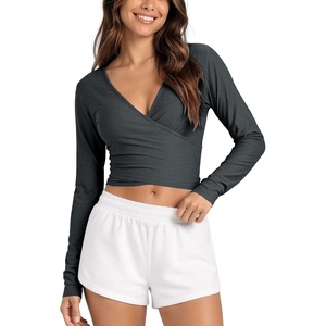 image:imageODODOS Womens Wrap Crop Top  Ultra Soft odSTRATUM Tech Ballet Yoga ShirtCharcoal Heather
