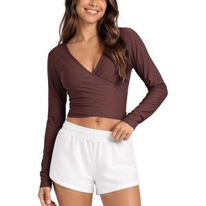 image:imageODODOS Womens Wrap Crop Top  Ultra Soft odSTRATUM Tech Ballet Yoga ShirtJava Heather
