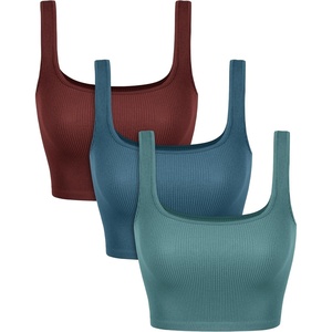 image:imageODODOS 3Pack Seamless Square Neck Crop Tank for Women Ribbed Knit Soft Low Back Cropped TopsClaretoceansky Blue
