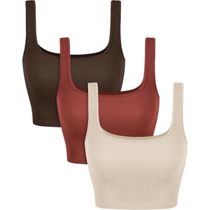 image:imageODODOS 3Pack Seamless Square Neck Crop Tank for Women Ribbed Knit Soft Low Back Cropped TopsOatmealbarn Redbrunette